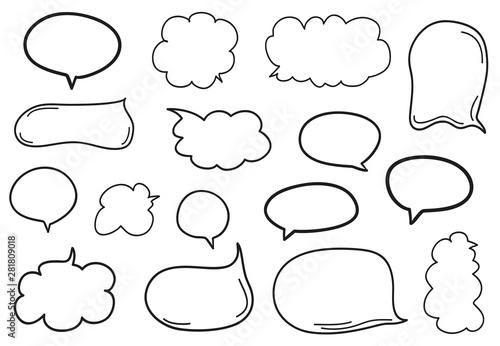 Hand drawn infographic elements on isolation background. Set of think and talk speech bubbles. Black and white illustration