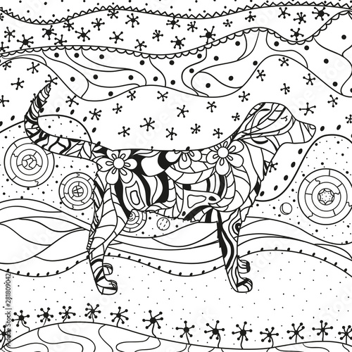Abstract eastern pattern. Square ornate wallpaper with dog. Hand drawn waved ornaments on white. Intricate patterns on isolated background. Design for spiritual relaxation for adults. Line art
