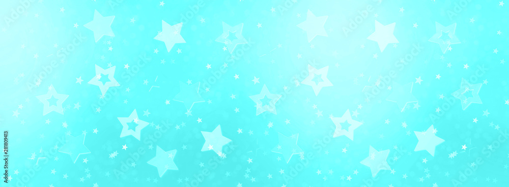Stars on neon blue background with bokeh. Texture for new year, birthday, baby shower party. Creative pattern. Banner
