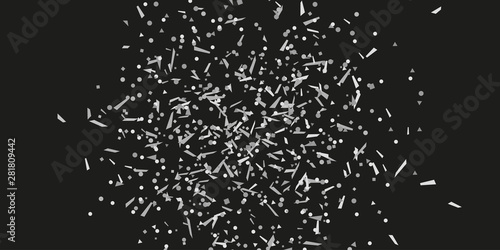 Confetti on isolated black background. Texture with many glitters. Holiday elements. Pattern for flyers, banners and textiles. Black and white illustration