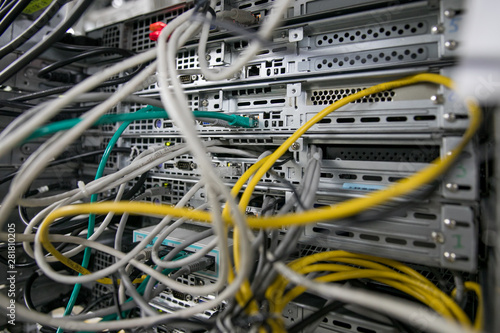 Fiber Optical connector interface. Fibre Channel swich. Severs computer in a rack at the large data center.