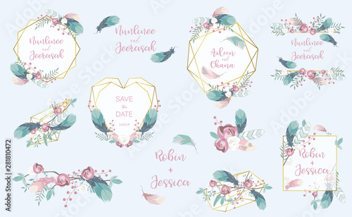 pastel flower frame set with flower,feather,leaves,wreath,geometric.Vector illustration for sticker,postcad,birthday invitation.Editable object