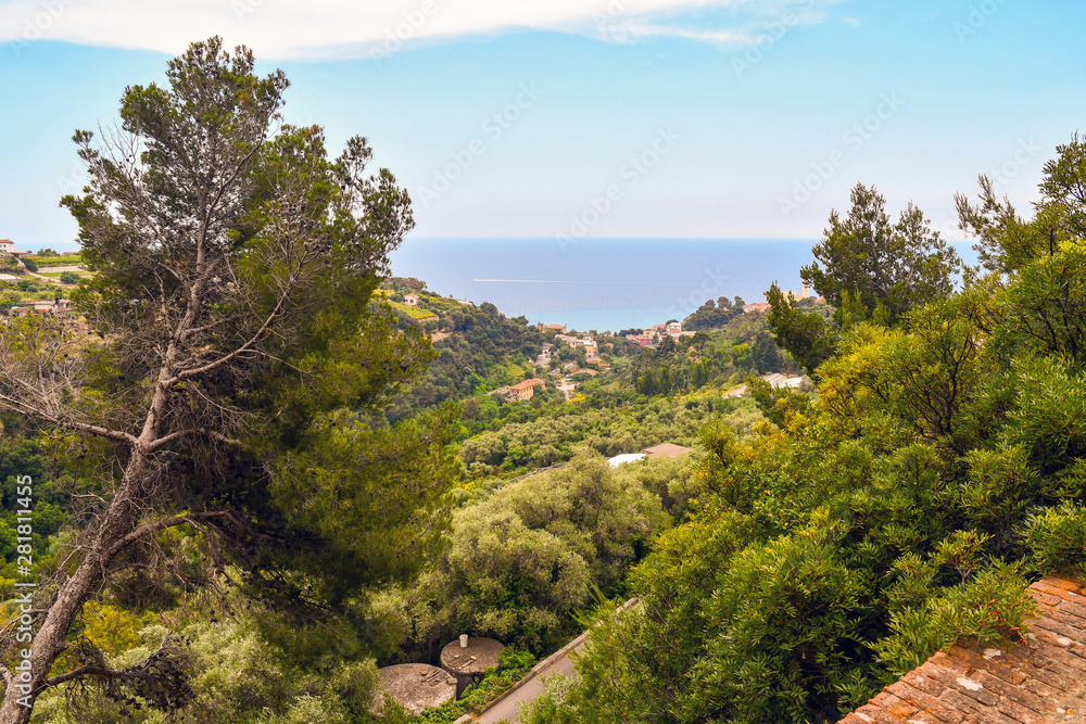 Obraz premium High angle view of the Ligurian Sea from a hill covered by Mediterranean vegetation (maritime pines, olives, myrtles), with cisterns for rainwater collection, Bussana Nuova, Imperia, Liguria, Italy