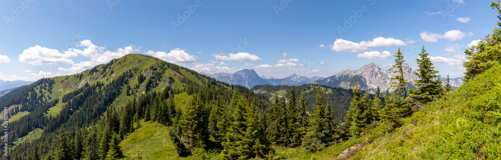 Panoramic view eisenerzer ramsau in the  Ennstaler Alps with surrounding summits  Kragelschinken, Hochkogel and Kaiderschild, Styria, Austria
