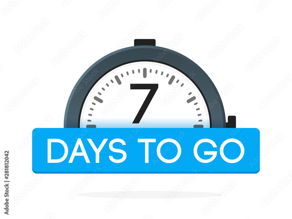 Seven day to go label, alarm clock flat with blue ribbon, promotion icon, best deal symbol vector illustretion Seven day to go label, alarm clock flat with blue ribbon, promotion icon, best deal symbol vector illustretion