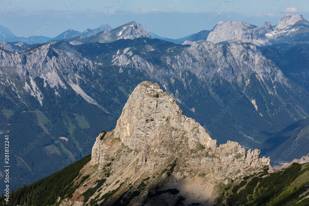 view from mountain Wildfeld in the  Ennstaler Alps with surrounding summits Stadelstein and Schwarzenstein in Styria, Austria