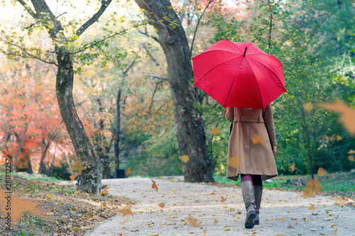 Bild auf Leinwand woman with red umbrella walking at the rain in beautiful autumn park