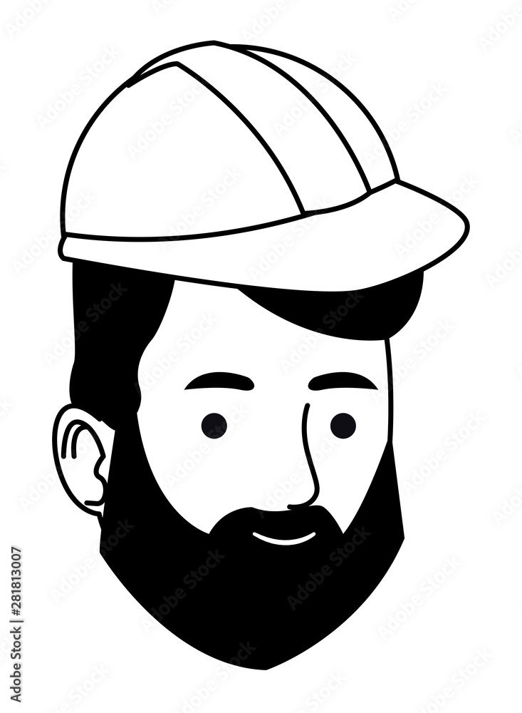 Construction worker with helmet and beard face cartoon in black and white