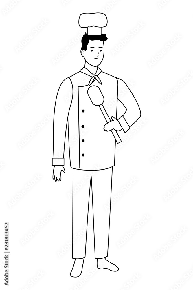 Chef worker with hat holding a spoon cartoon in black and white Chef worker with hat holding a spoon cartoon in black and white