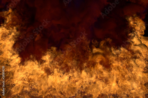 blazing mysterious wild fire on black background, half frame with dense smoke - fire from the left and right corners and bottom - fire 3D illustration