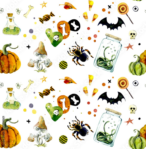 Watercolor seamless pattern of halloween elements. Bright hand-drawn elements