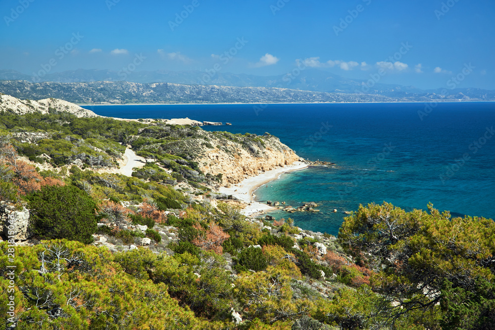 view of the beach and the bay  on the island of Rhodes in Greece.
