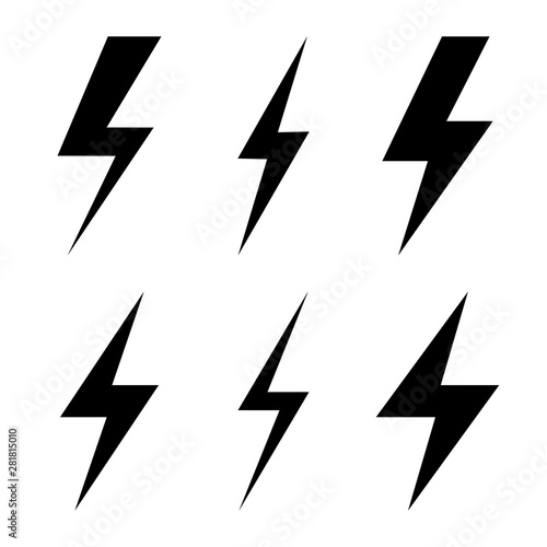 Set of icons representing lightning bolt, lightning strike or thunderstorm. Suitable for voltage, electricity and power signs.