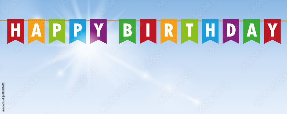 Φωτογραφία happy birthday party flags banner on blue sunny background vector illustration E