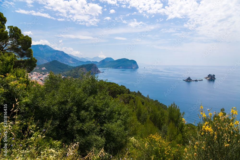 Panoramic view of Adriatic sea with islands and mountains in Montenegro