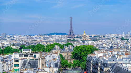 Paris, typical roofs, aerial view with the Eiffel Tower, the Invalides dome and the Luxembourg garden and Senat in background, view from the Pantheon photo