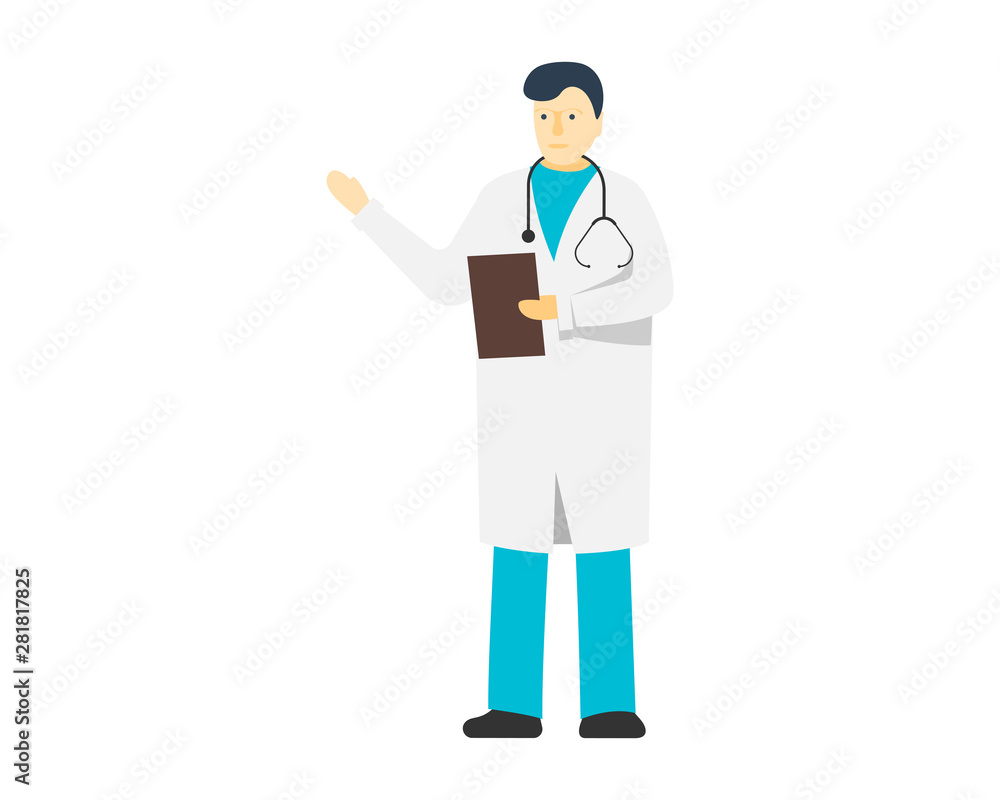 Young doctor male standing. Medicine hospital staff. White man character with stethoscope. Vector flat medical person illustration Young doctor male standing. Medicine hospital staff. White man character with stethoscope. Vector flat medical person illustration