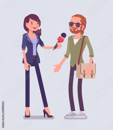 Female tv reporter interviewing questions. Woman holding an interview with man, professional journalist in conversation for radio, newspaper, asking for opinion. Vector flat style cartoon illustration