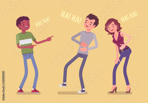 Friends joking and laughing. Happy boys and young girl enjoy together funny friendly jokes, enjoyment, amusement, deep hearty belly laugh with positive humor. Vector flat style cartoon illustration