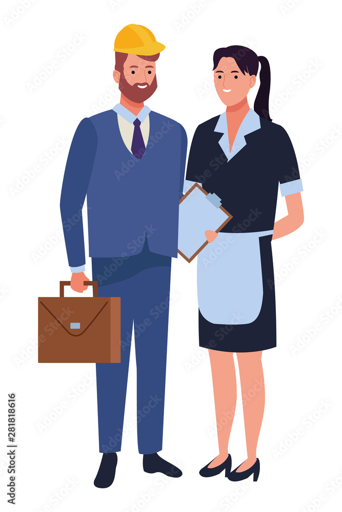 Professionals workers couple smiling cartoons Professionals workers couple smiling cartoons