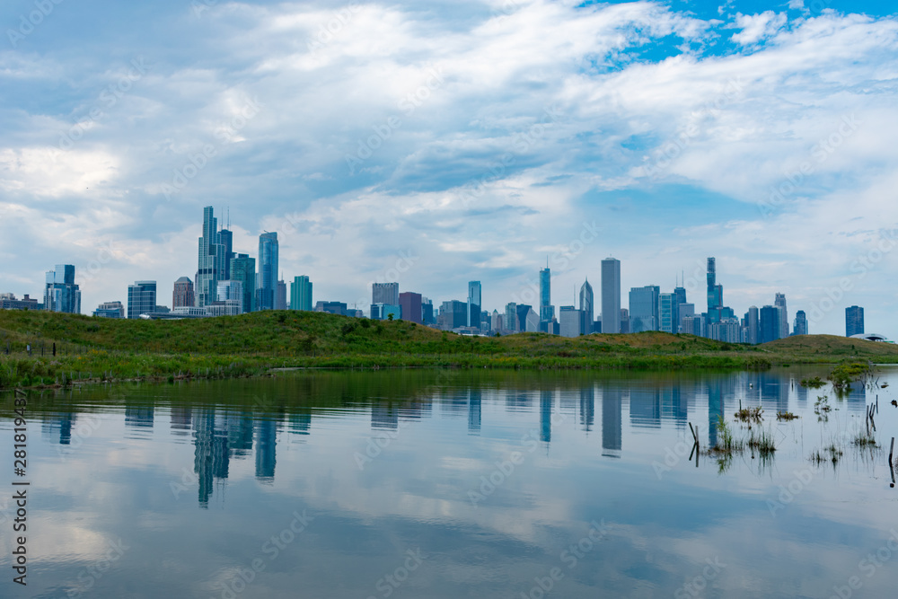 Chicago Skyline Reflected on a Pond at Northerly Island