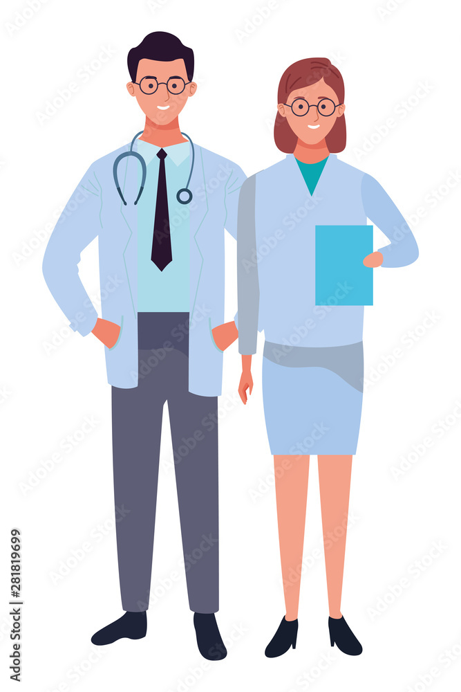 Professionals workers couple smiling cartoons Professionals workers couple smiling cartoons