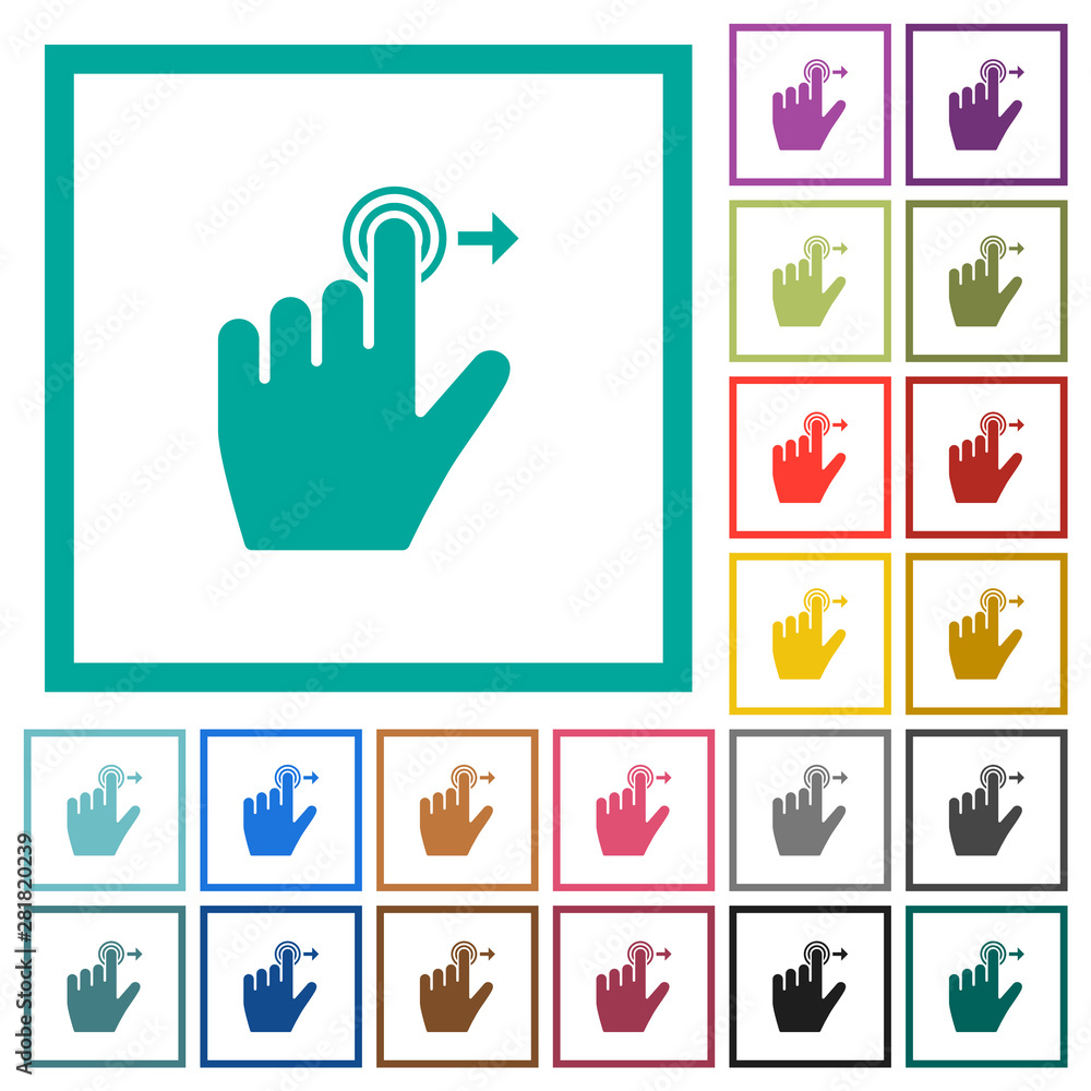 Left handed slide right gesture flat color icons with quadrant frames Left handed slide right gesture flat color icons with quadrant frames