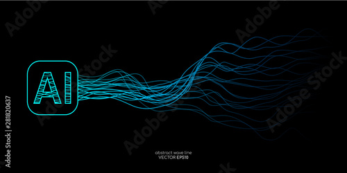 AI Artificial intelligence wave lines neural network with AI lettering in green and blue colors on black background. Vector in concept of technology, machine learning, A.I.