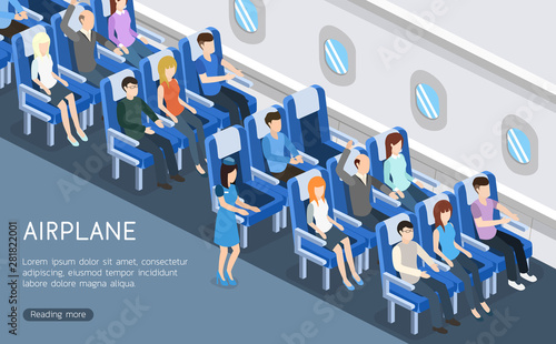 Isometric 3D vector illustration interior plane with passengers for landing page