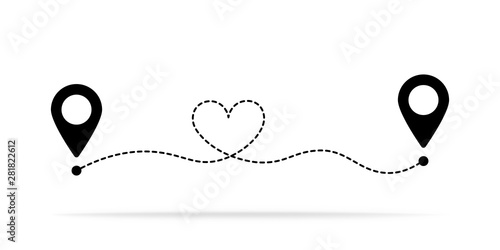 Black route to the heart with two pointers on the map. Vector illustration