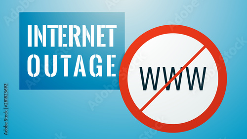 Internet outage concept. No internet illustration. White stencil inscription on blue background. Letters www in red ban circle photo