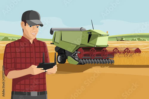 Farmer with autonomous harvester on a smart farm. Vector illustration EPS 10