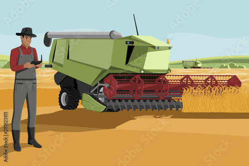 Black african american farmer with autonomous harvester on a smart farm. Vector illustration EPS 10