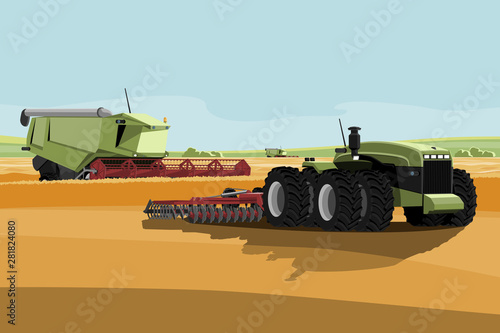 Autonomous harvester and tractor on a smart farm. Digital transformation in agriculture. Vector illustration