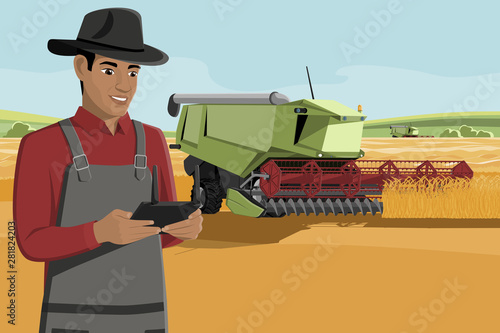 Black african american farmer with autonomous harvester on a smart farm. Vector illustration EPS 10