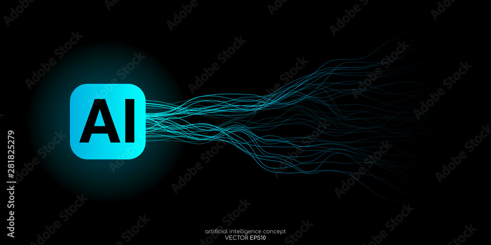AI Artificial intelligence wave lines neural network with AI lettering in  green and blue colors on black background. Vector in concept of technology, machine  learning, . Stock Vector | Adobe Stock