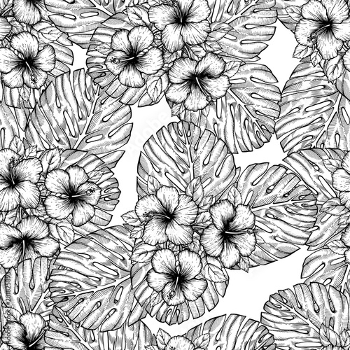 Hand drawn tropical hibiscus flower. Seamless floral pattern with palm leaves on white background. Exotic engraving wallpaper for textile  surface design or banner. Great template for coloring book.