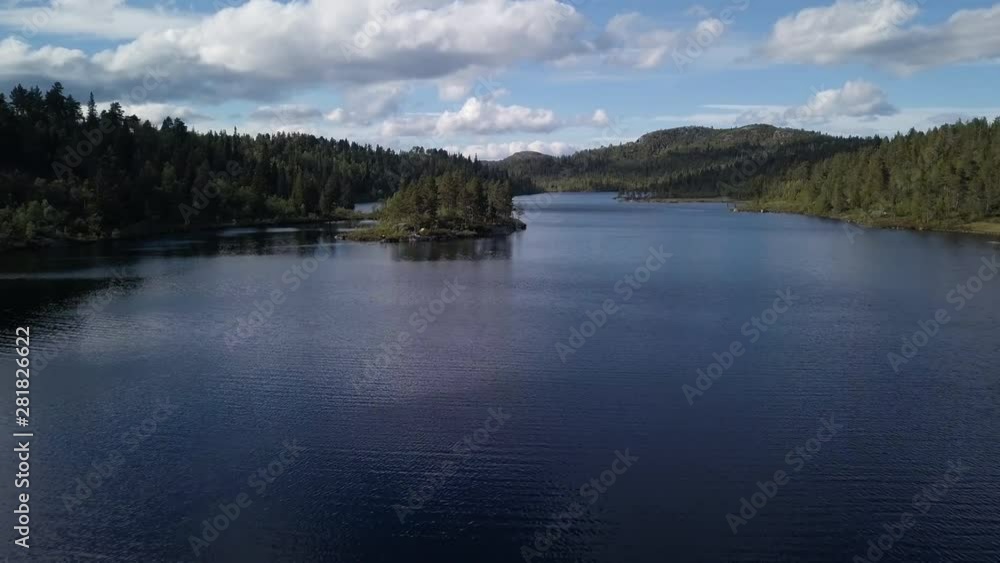 Slow flyover scenic mountain lake and forest, summer in Norway Slow flyover scenic mountain lake and forest, summer in Norway