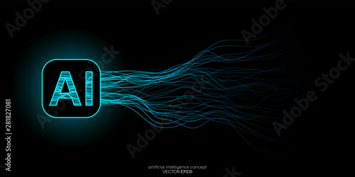 AI Artificial intelligence wave lines neural network with AI lettering in green and blue light isolated on black background. Vector in concept of technology, machine learning, A.I.