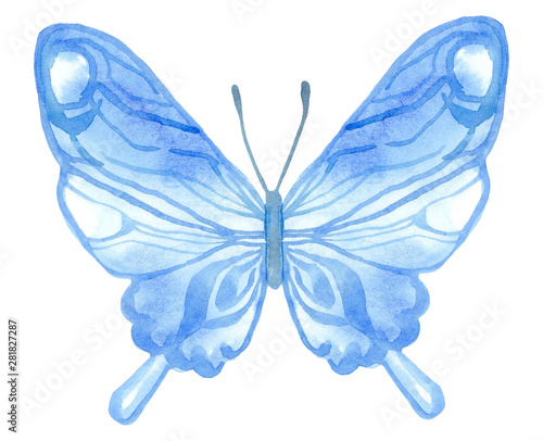 Watercolor illustration. Blue butterfly. Fantasy watercolour, great design for any purposes. Colorful fantasy wallpaper.