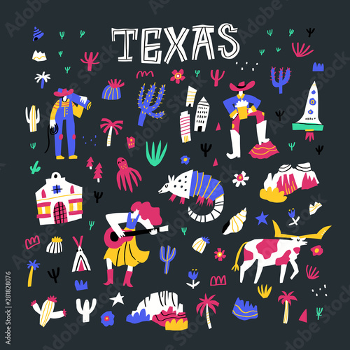 Texas comic flat hand drawn vector illustrations set. Wild west cartoon attributes isolated on dark background. Western american culture. Cactuses, cowboy, animals, country doodle drawings pack