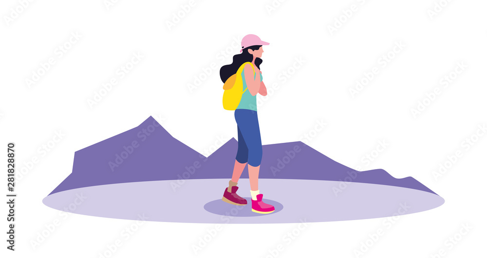 young woman backpacker in mountain landscape young woman backpacker in mountain landscape