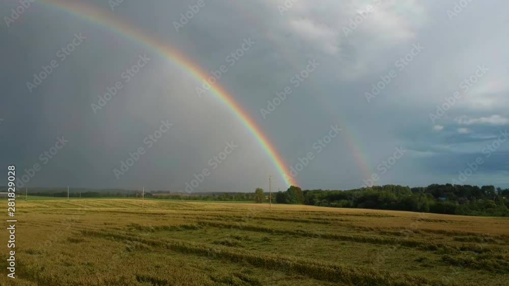 Rainbow Above Wheat Field. Flight Backward Ripe Crop Field After Rain and Colorfull Rainbow in Background Rural Countryside. Areal Dron Shoot. Rainbow Above Wheat Field. Flight Backward Ripe Crop Field After Rain and Colorfull Rainbow in Background Rural Countryside. Areal Dron Shoot.