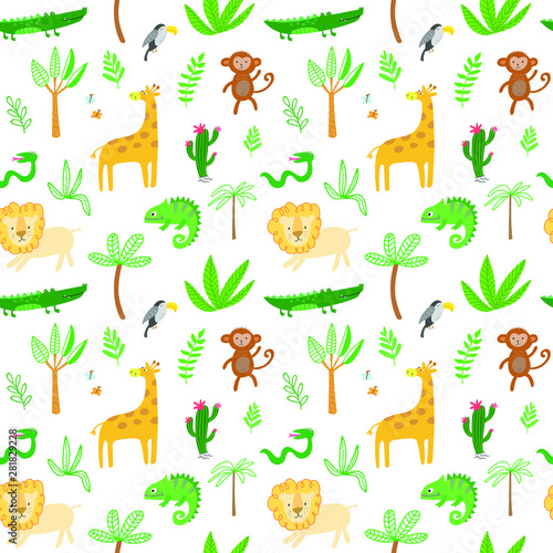 Seamless baby pattern with lion, giraffe, monkey and crocodile on white. Vector illustration with wild animals in jungle for kids. Seamless childrens background foe wallpapers or textile.
