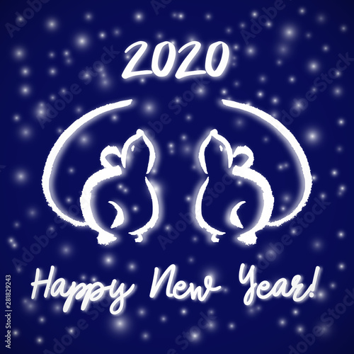 Happy Chinese New Year 2020. Year of The Metal Rat. Cut style от the blue starry sky background. Zodiac sign for greetings card, flyers, invitation, posters, brochure, banners, calendar.