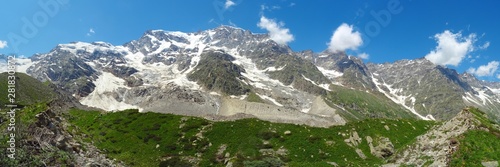 Monte Rosa with its glacier near the village of Macugnaga, Italy - July 2019.