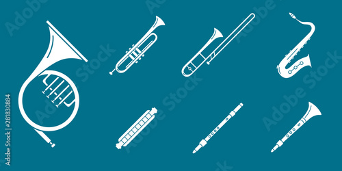 Music instruments Icons set - Vector solid silhouettes of wind instruments, s...
