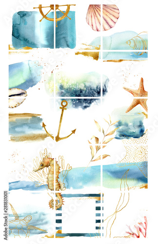 Design backgrounds for social media banner with sea animals and plants. Set of Instagram post frame templates. Mockup for beauty blog or sea theme. Layout for promotion. photo