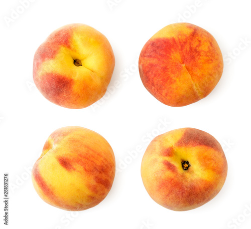 Set of ripe peaches on a white. The view of the top.