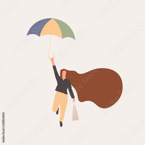 Happy woman with a paper bag and an umbrella. Cartoon girl with hair fluttering in the wind. Flat vector illustration with blank space for text. Template for season sale. Concept of promotion banner.